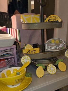 Lemonade Themed Tiered Tray Decor - Bright Yellow Accents